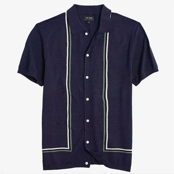 The Tie Bar Full Placket Border Stripe Navy Blue Short Sleeve Polo Size M - Picture 1 of 5